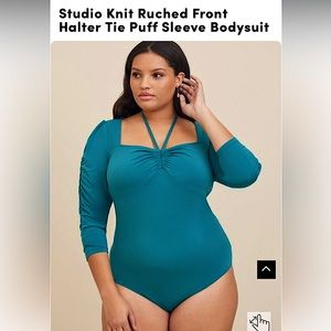 (TWO ITEMS) Black & Teal Studio Knit Front Halter Tie Puff Sleeve Bodysuits